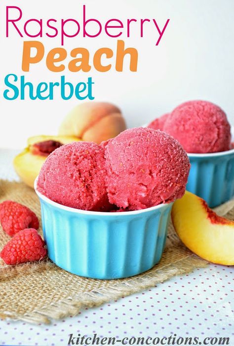 Raspberry Peach Sherbet Recipe - This light and refreshing summer dessert is super easy to make and doesn't require an ice cream maker! It's also dairy free, gluten free and can be made vegan too! Alcohol Sorbet, Diy Sorbet, Lemonade Sorbet, Homemade Sorbet, Homemade Fruit Snacks, Sherbet Recipes, Peach Raspberry, Sorbet Ice Cream, Berry Sorbet