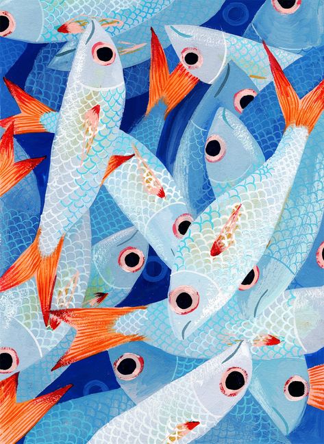 The thing about piles of fish is that they don't smell great, unless they're in painting form like this one. An exploration of light and color through the medium of fish (and also gouache). High-quality, archival giclee fine art print of an original gouache painting! Fish Drawings, Arte Inspo, Art Et Illustration, Fish Painting, Colorful Fish, Fish Print, Art And Illustration, Fish Art, Childrens Illustrations