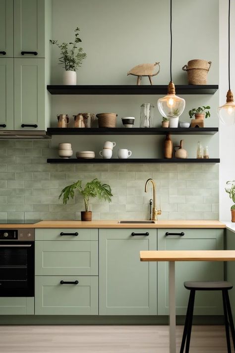 Green Color Home Decor, Kitchen Backsplash With Green Walls, Dark Green And Oak Kitchen, Green Wall Kitchen Ideas, Kitchen Colors 2024, Sage Green And Black Kitchen, Green Grey Kitchen, Grey Green Kitchen, Kitchen Design Island