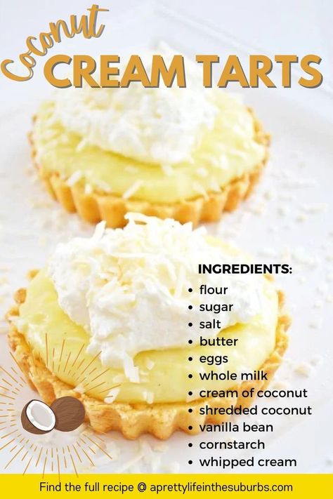 Coconut Cream Tart Recipe, Coconut Cream Tarts, Coconut Cream Tart, Simple Tart Recipe, Coconut Tarts Recipe, Easy Mini Tarts, Midwest Food, Coconut Tart Recipe, Tart Shells Recipe