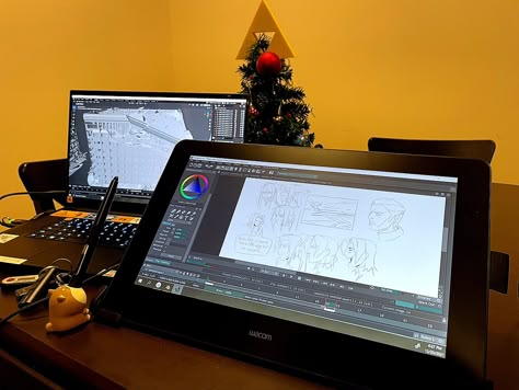 Animation Major Aesthetic, Digital Art Workspace Aesthetic, Animation Workspace, Digital Artist Setup Aesthetic, Digital Art Desk Setup Aesthetic, Animator Aesthetic, Cintiq Setup, Digital Illustrator Desk Setup, Small Office Space Design