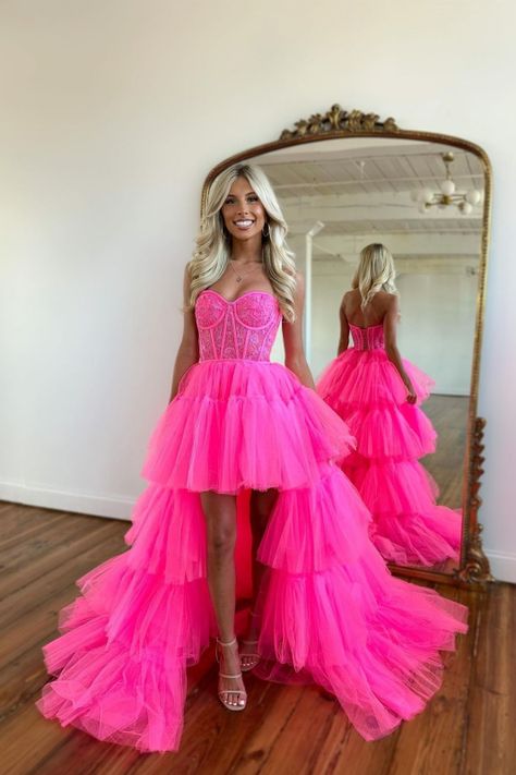 We could custom made 70+ colors & all sizes, if you do not not find the color name listed, pls leave message on special instructions to note the exact color you need. Also custom size is available, if you need your dress customized, pls leave your bust, waist, hips & barefoot height size in the order remark. Th Hot Pink Prom Dresses, Rose Prom Dress, High Low Ball Gown, Tiered Prom Dress, Tulle Train, Stylish Gown, Corset Dress Prom, Pink Prom Dress, Prom Dresses Sleeveless