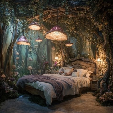 Rainforest Inspired Bedroom, Forest Themed Furniture, Forest Style Bedroom, Enchanted Forest Aesthetic Room, Fantasy Inspired Room, Fantasy Rooms Aesthetic, Enchanted Forest Office, Magical Forest Decor, Diy Forest Bedroom