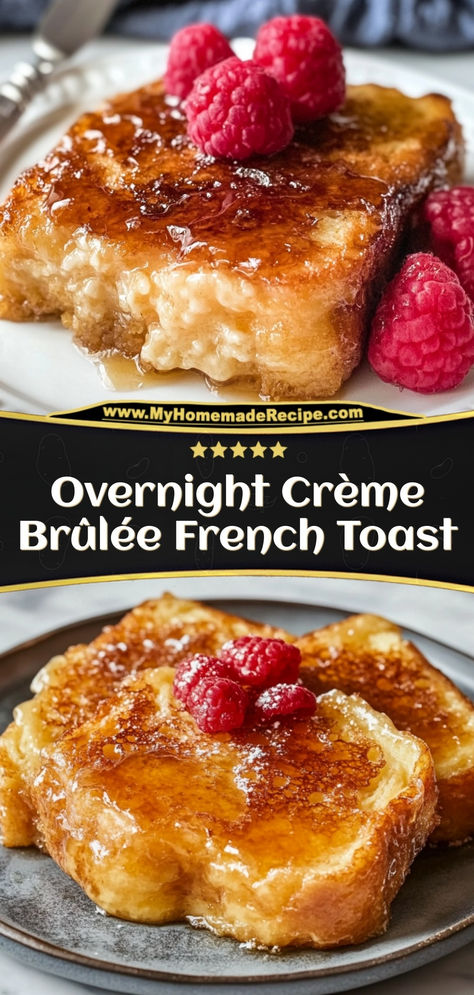 This overnight crème brûlée French toast is creamy, sweet, and caramelized to perfection. An indulgent breakfast treat!  Ingredients:  1 loaf of French bread, sliced 1 cup heavy cream ½ cup brown sugar 4 eggs Enjoy this decadent French toast for a special breakfast or brunch What To Make With French Bread Loaf, Specialty French Toast, Granola French Toast, Heavy Cream French Toast, Crembrule French Toast, Cornbread French Toast, Cream Eggs On Toast, Easy Breakfast Ideas French Toast, Overnight Creme Brulee French Toast Casserole