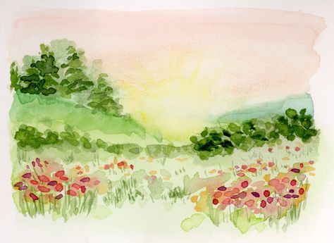 Field Of Flowers Watercolor Painting, Spring Landscape Watercolor Painting, Garden Painting Watercolor, Quick Watercolor Landscape, Wildflower Field Watercolor, Green Landscape Watercolor, Flower Meadow Watercolor, Watercolor Hills Landscapes, Watercolor Meadow Landscape