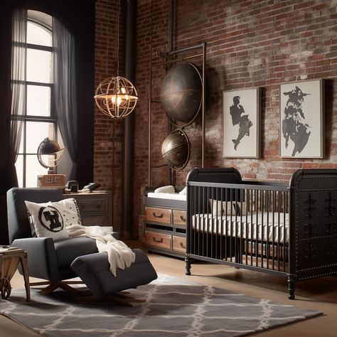 Industrial Chic: Create a stylish, industrial-themed nursery with exposed brick, metal accents, and reclaimed wood furniture. Incorporate steampunk-inspired decor, like gear-shaped wall art, and use a dark color scheme with metallic accents for an edgy look. Exposed Brick Nursery, Industrial Nursery Ideas, Steampunk Nursery, Industrial Boys Rooms, Industrial Nursery, Girls Bedroom Vintage, Apartment Nursery, Industrial Room, Modern Kids Room