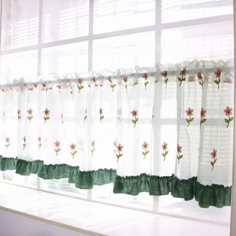 Frill Curtains, Linen Blind, Blue Striped Curtains, Curtain For Window, Yarn Flower, Embroidery Yarn, American Pastoral, Roman Curtains, Short Curtain