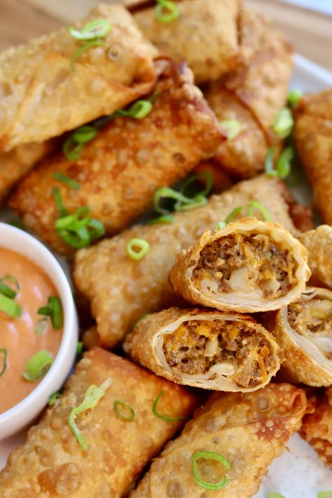 Kimchi Cheeseburger Egg Rolls - Slice of Jess Cheeseburger Egg Rolls, Bierocks Recipe, Dill Pickle Chips, Hot Crab Dip, Pickle Chips, Steamed Buns, Super Easy Recipes, Roasted Chickpeas, Fresh Chives