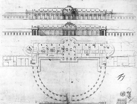 Sanssouci rendering and floor plan, built by Prussian King Frederick II the Great. Sanssouci Palace, Potsdam Germany, Palace Architecture, Frederick The Great, Classic Villa, Summer Palace, Architectural Drawing, Classical Architecture, Rococo Style