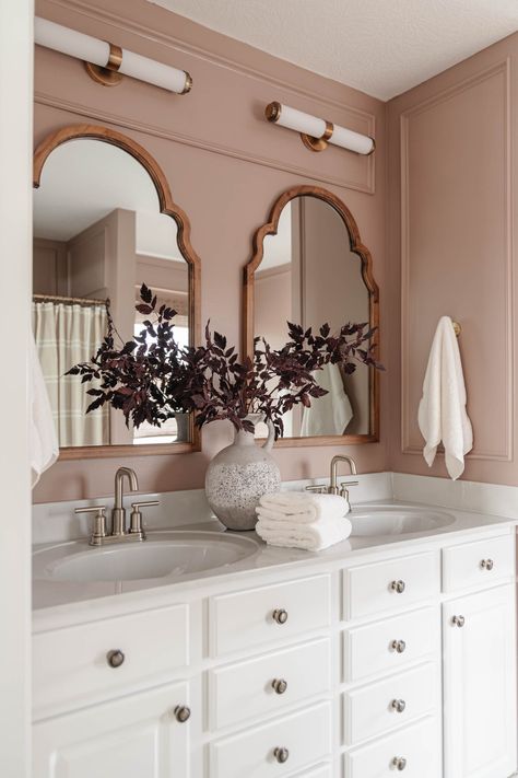 Small Dramatic Bathroom, Dusty Pink Bathroom, Brushed Nickel And Gold Bathroom, Mauve Paint, Mauve Bathroom, Builder Grade Bathroom, Blush Bathroom, Fall Aesthetic Pictures, Painting Ikea Furniture