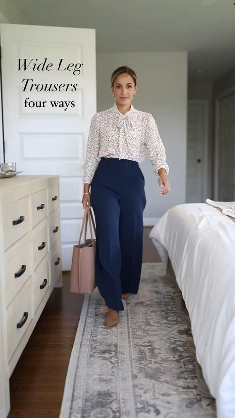 Wide Leg Formal Pants Outfit, Outfit With Trouser Pants, Wide Dress Pants Outfit, Work Outfit Jeans Office, Women’s Dress Pants Outfits, Trouser Style Women, How To Style Formal Pants Women, How To Wear Wide Leg Trousers, Navy Top Outfit Work