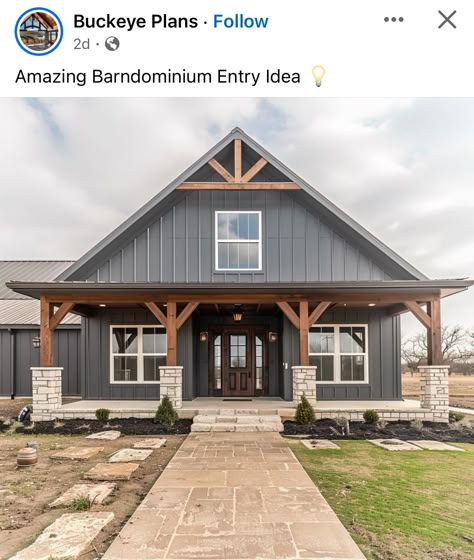 Beige Barndominium Exterior, Barndo Exterior Color Schemes, Dark Blue Barndominium, Blue Barndominium Exterior, Barndominium Gray Exterior, Slate Blue Barndominium Exterior, Charcoal Grey Barndominium, Grey Barndominium Exterior, Gray Barndominium Exterior