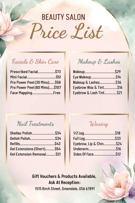 #FloralBeautyFlyer #SalonPriceListFlyer #BeautySalonFlyer #SalonPromoFlyer #BeautyServicesFlyer #SalonMarketingFlyer #HairSalonFlyer #BeautyBusinessFlyer #SalonDiscountsFlyer #BeautyPromotionFlyer #FloralDesignFlyer #SalonMarketingTools #PriceListFlyer #CustomizableFlyer #BeautySalonDesignFlyer #SalonBusinessFlyer Salon Price List Design, Beauty Salon Price List, Cleaning Service Flyer, Price List Design, Make A Flyer, Salon Price List, Fitness Flyer, Concert Flyer, Nail Prices