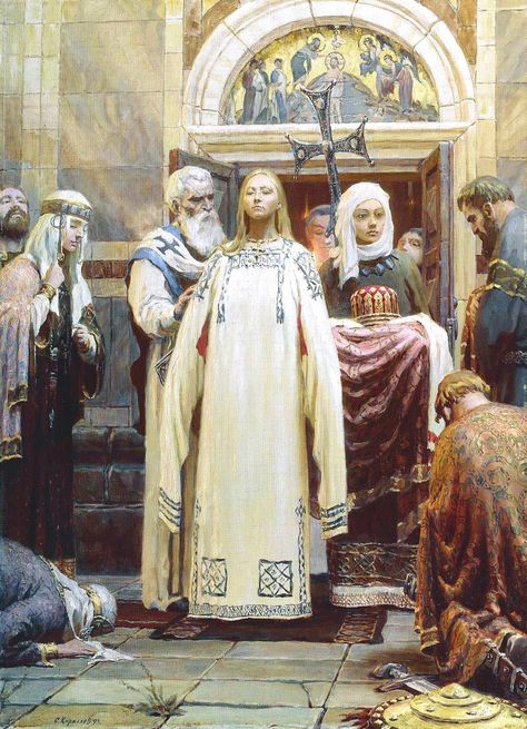 Sergei Kirillov. The Baptism of Grand Princess St Olga. Part 1 of the Triptych ‘Holy Rus’. 1993 | Voices from Russia Olga Of Kiev, Russian History, Viking Age, Warrior Princess, Russian Art, Dark Ages, Kiev, Middle Ages, Vikings