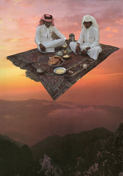 Food Collage, God's Light, Surrealist Collage, Postcards From The Edge, Fantasy Environment, Surreal Collage Art, Thousand And One Nights, Food Posters, Magic Carpet Ride