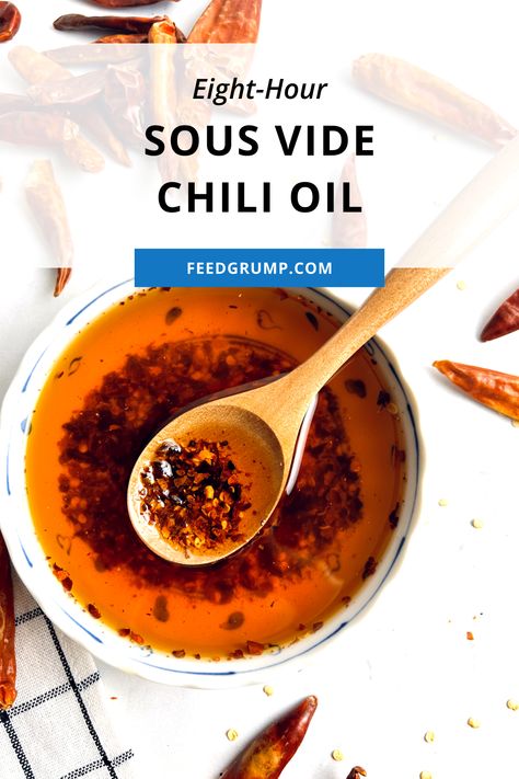 bowl of chili oil with spoon floating on top Chinese Chili Sauce, Chinese Chili, Chili Oil Recipe, Infused Liquors, Dried Chili Peppers, Wok Cooking, Chile Peppers, Gourmet Sandwiches, Sous Vide Recipes