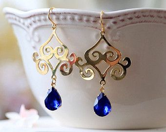 Sapphire Blue Wedding, Sapphire Blue Weddings, Persian Jewelry, Wedding Earrings Chandelier, Earrings Sapphire, Gold Filigree Earrings, Wedding Chandelier, Black Stud Earrings, Pendant Brooch