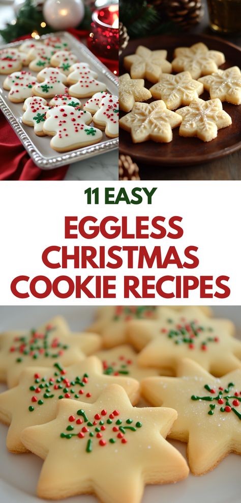 A festive tray of eggless Christmas cookies with holiday decorations, perfect for a family gathering or holiday gift. Egg Free Roll Out Cookies, Easy Cookies Without Eggs, Eggless Ginger Cookies, Egg Free Cutout Cookies, Gluten Free Egg Free Sugar Cookies, Homemade Cookies Without Eggs, Sugar Cookie No Egg, Eggless Snickerdoodle Cookies, Eggless Christmas Cookies Recipes