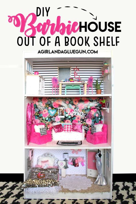 Build A Barbie House, Bookcase Barbie House, Diy Dollhouse Bookshelf, Dollhouse Bookshelf Diy, Barbie Bookshelf, Barbie House Diy, Homemade Barbie House, Cute Bedspreads, Barbie Storage