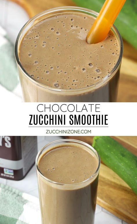 Chocolate zucchini smoothie recipe by Zucchini Zone. This chocolate zucchini smoothie is filled with your favorite flavors - cocoa, banana, and peanut butter - with a hidden serving of zucchini inside. Zucchini blends in seamlessly and adds fiber, Vitamin A, and antioxidants. #zucchinismoothie #chocolatezucchinismoothie #chocolatesmoothie #peanutbutter #banana #smoothierecipe #recipe Zucchini Juice Recipe, Zucchini Puree Recipes, Zucchini Smoothie, Turmeric Smoothie Recipes, Zucchini Desserts, Breakfast Shakes Protein, Banana And Peanut Butter, Raw Zucchini, Garden Zucchini