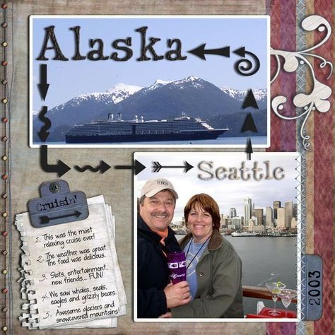 Alaska Cruise - Scrapbook.com #vacationscrapbook Scrapbooking Alaska, Cruise Scrapbook Pages, Bridal Shower Scrapbook, Scrapbooking Layouts Travel, Cruise Scrapbook, Alaska Glaciers, Travel Scrapbook Pages, Alaska Vacation, Vacation Scrapbook