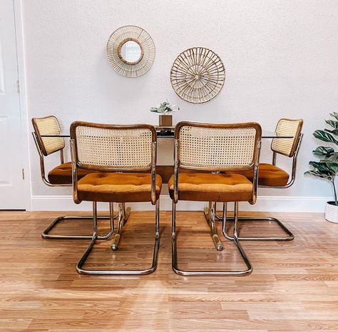 Maddy Modern on Instagram: “[SOLD] Smoked Glass Dining Table + 4 Cane Back Cantilever Chairs. Is this set not the coolest? I am personally so obsessed with cane and…” Cesca Chair Makeover, Cane Dining Set, Vintage Dining Room Glass Table, 70s Dining Room, Rattan Chairs Dining Table Vintage, Cheyne Walk, Cane Dining Chairs Mid Century, Vintage Cane Back Dining Chairs, Boho Style Home