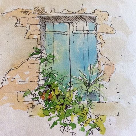 Window Watercolor Painting Easy, Line Watercolor Art, Line And Wash Art, Watercolor Line Drawing, Easy Watercolor Sketches, Line Drawing Watercolor, Watercolor Line And Wash, Urban Sketching Beginner Easy, Ink And Wash Watercolors