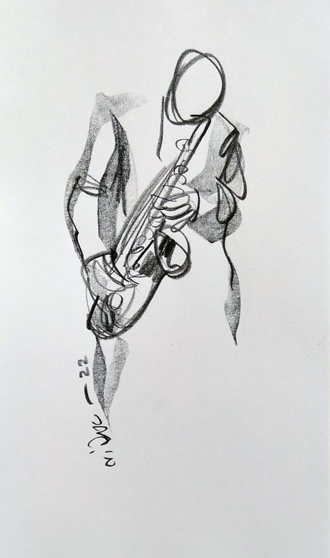 Alto Saxophone Tattoo, Saxophone Drawing Simple, Skeleton Playing Saxophone, Playing Saxophone Drawing, Saxaphone Sketch, Saxophone Sketch, Sax Tattoo, Jazz Sketch, Instrument Sketch