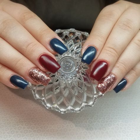 Navy Burgundy Nails, Teal And Burgundy Nails, Blue And Burgundy Nails, Navy And Burgundy Nails, Matte Nails Burgundy, Burgundy And Navy Nails, Navy And Silver Nails, Burgendy Nails, Winter Nails Coffin