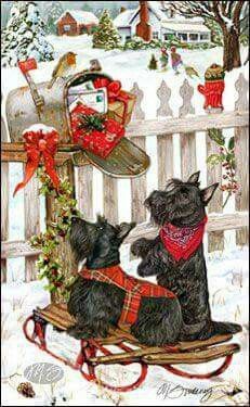 . Vintage Christmas Images, Old Christmas, Old Fashioned Christmas, Christmas Holiday Cards, Christmas Memory, Christmas Scenes, Noel Christmas, Christmas Postcard, Scottish Terrier