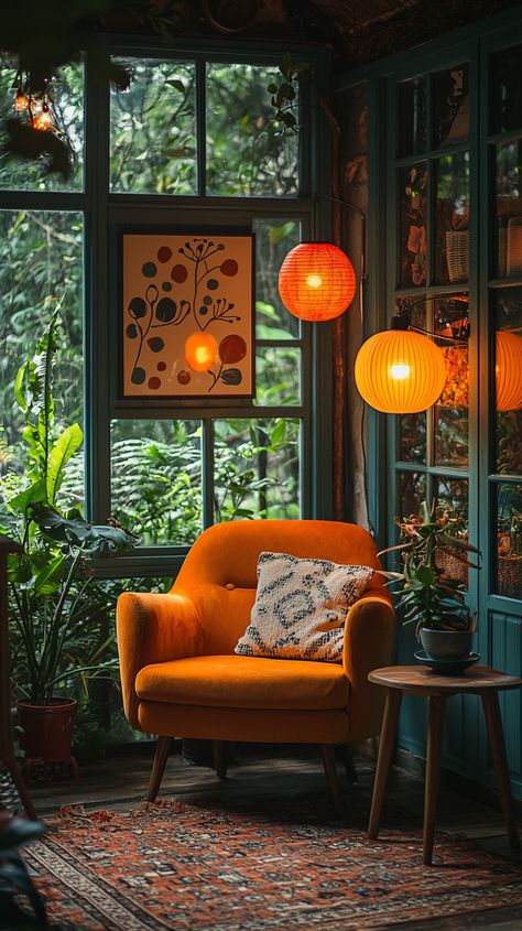 Create a Cozy Mid-Century Modern She Shed with Warm Vintage Charm Mid Century Maximalism, Evening Relaxation, Mod Aesthetic, Mid Century Modern Aesthetic, Cozy Home Office, Mid Century Modern Interiors, Cyberpunk Aesthetic, Colorful Abstract Painting, Pastel Palette