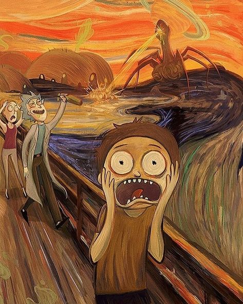 Rick and Morty in the Edvard Munch universe. Fan art by Illustrator lothlenan  (Based on the painting The Scream (of Nature) by Edvard Munch.) #rickandmorty #ram  #munch #lothlenan #digitalpainting #rickandmortyfanart فنسنت فان جوخ, Wallpaper Retro, Psy Art, The Scream, Rick Y Morty, Poster Shop, Edvard Munch, Art Parody, Retro Wallpaper