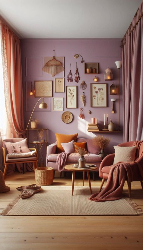 Lavender and tan apartment living room concept Cozy Purple Living Room, Lavender Living Room Walls, Purple Apartment Living Room, Coffee Shop Inspired Living Room, Lilac Wall Paint Living Rooms, Mauve Living Room Decor, Earthy Pink Living Room, Green And Lavender Living Room, Lavender Apartment Aesthetic