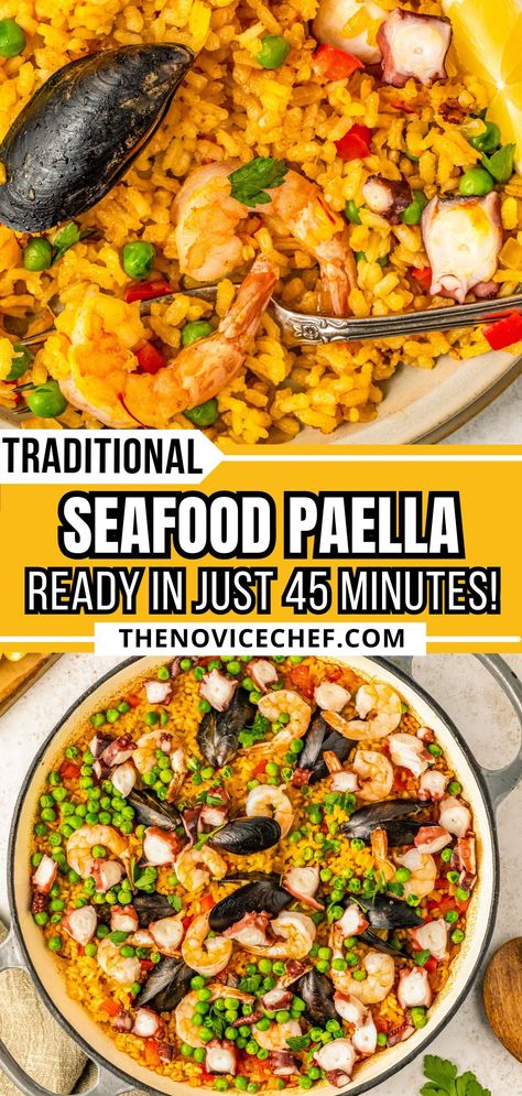 Juicy Seafood, Ez Recipes, Seafood Paella Recipe, Easy Spanish Recipes, Paella Recipe Seafood, Saffron Rice, Seafood Paella, Paella Recipe, Spanish Recipes