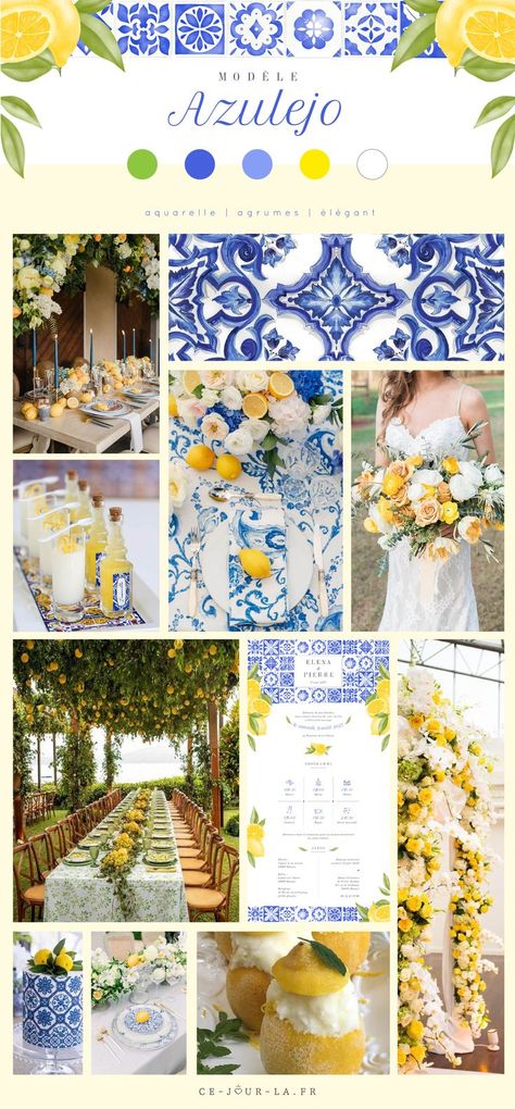 Moodboard idées décoration, fleurs, inspiration mariage thème citrons, agrumes, Portugal, Sud, azulejo, carrelage portuguais. Couleurs jaune, vert, blanc, bleu. Faire-part assorti à retrouver ici : https://ce-jour-la.fr/product/azulejo/ Portugal Themed Wedding, Portugal Inspired Decor, Meet Me In Positano Theme, Portuguese Themed Wedding, La Dolce Vita Wedding, Tuscan Bridal Shower Ideas, Azulejos Wedding, French Theme Wedding, Italian Wedding Decor