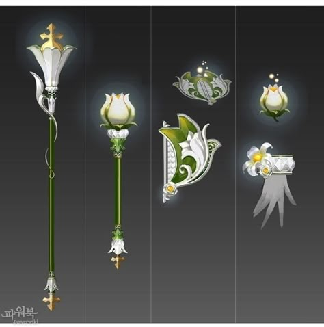 [Aion 3.5] Pure Lilies item series - Daeva's Report Wand Concept Art, Flower Staff, Magic Flower, Rp Ideas, Props Art, Magic Design, Fantasy Props, Dungeons And Dragons Homebrew, Prop Design