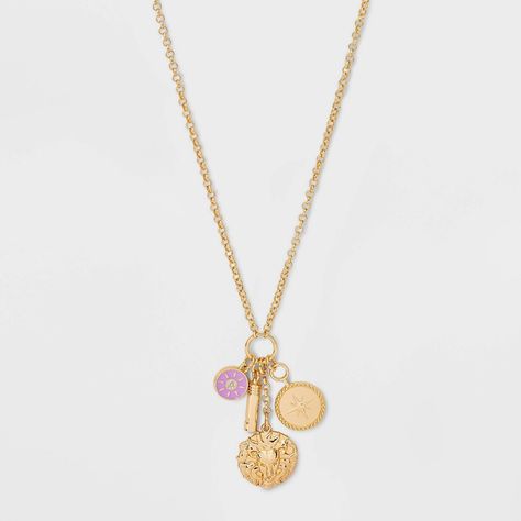 Lend eclectic flair to your accessories collection with the Rose Quartz Eclectic Whistle and Lion Medallion Necklace from Universal Thread™. This gold-tone necklace features a rose quartz whistle and lion charms for an attractive look. Designed with a lobster claw clasp closure and an extender chain, the necklace fits comfortably around your neck. Universal Thread™: Found exclusively at Target. Target Necklace, Wishlist Idea, Preppy Jewelry, Jewelry Accessories Ideas, Dope Jewelry, Jewelry Essentials, Medallion Necklace, Jewelry Lookbook, Gold Necklaces