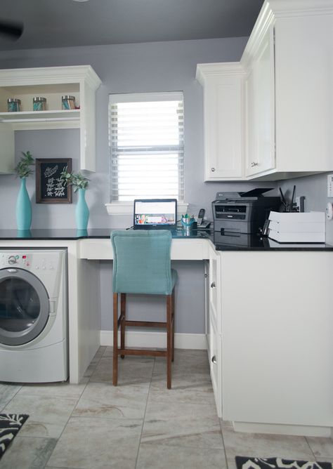 See how two rooms became one to make a beautiful utility/laundry room. Office Laundry Room Combo Small Spaces, Home Office Laundry Room Combo, Laundry And Study Room, Laundry And Office Room Combo, Laundry Office Combo Layout, Laundry Room With Office Space, Laundry And Office Combo, Pantry Office Combo, Office And Laundry Room Combo