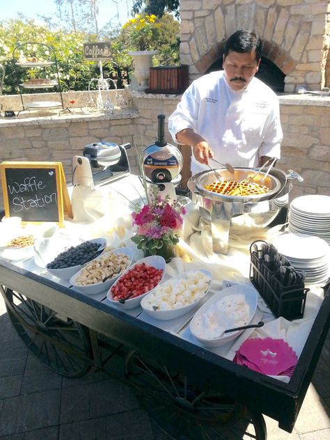 Waffle Buffet Ideas, Waffle Station Wedding, Waffle Station Ideas, Pancake Bar Wedding, Breakfast At Wedding Receptions, Men’s Brunch, Waffle Bar Wedding Receptions, Waffle Wedding Bar, Waffle Making Station