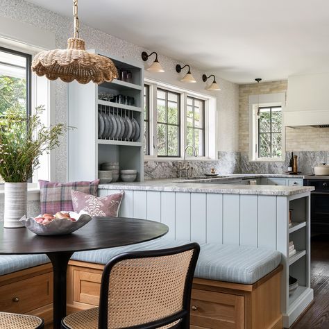 When planning the layout with the client on this kitchen renovation, we quickly realized that a peninsula made more sense for the space than an island, and allowed us to create this cozy breakfast nook, centered across from an existing fireplace. 📷: @ianmichelman Built In Bench Kitchen Peninsula, Peninsula With Banquette Seating, Banquette Against Island, Couch Against Kitchen Island, Open Concept Kitchen With Breakfast Nook, U Kitchen Layout With Peninsula, Breakfast Nook Peninsula, Fireplace Breakfast Nook, Peninsula And Island Kitchen