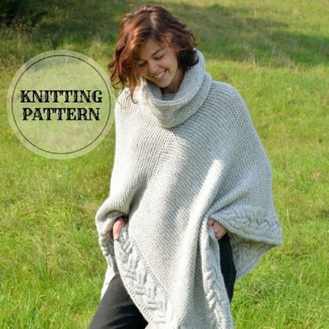 Knitting Poncho, Cowl Knitting, Summer Cotton Tops, Poncho Knitting Patterns, Grey Poncho, Cowl Knitting Pattern, Wool Poncho, Circular Knitting Needles, Over Size