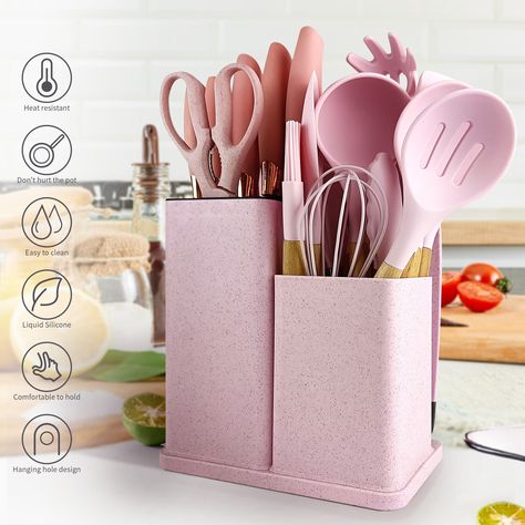 Pink Kitchen Supplies, Pink Kitchen Tools, Kawaii Kitchen Utensils, Pink Cooking Utensils, Pink Cutlery Sets, Plastic Kitchen Utensils, Silicone Kitchenware, Silicone Utensil Set, Bamboo Storage