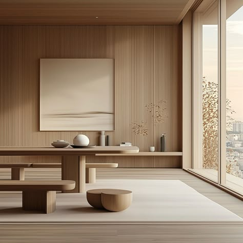 “The quiet, understated decor of Japandi invites a reflective, mindful way of living.” The Japandi style, a harmonious fusion of Japanese minimalism and Scandinavian functionality. The space is characterised by its clean lines, natural materials, and a neutral colour palette that balances warmth and simplicity. Light wood tones dominate the environment, providing a sense of calm and serenity, while the minimalist approach ensures an uncluttered, airy feel. The furniture features sleek, low-p... Japanese Interior Design Minimalist, Modern Lobby, Japandi Minimalist, Interior Design Minimalist, Japandi Living, Japanese Minimalism, Japanese Interior Design, Japandi Style, Wood Tones