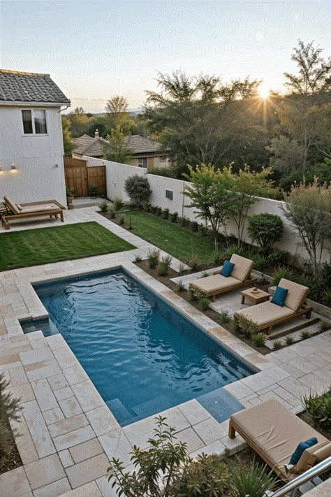 11+ Small Inground Pool Ideas [Avg. Cost, Materials & Yard Types Designs] Small Backyard Ideas With Pool Budget, Small Pools Ideas, Small Dipping Pool Ideas, Inground Small Pool Ideas, 10x20 Pool Inground, Aesthetic Small Backyard, Small Backyard Pool Oasis, Swimming Pool Small Backyard, Low Maintenance Backyard Landscaping Designs With Pool