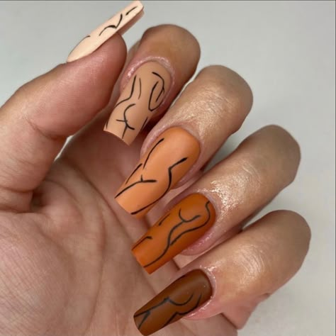 Body Nail Design, Coffin Boho Nails, Nails With Body Design, Body Nails Art, Silhouette Nails Designs, Body Silhouette Nails, Body Nails, Silhouette Nail Art, Body Silhouette Nail Art