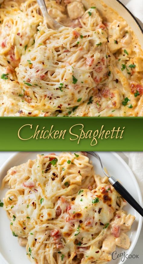 chicken spaghetti in a skillet Cozy Cook Chicken Spaghetti, Gourmet Chicken Spaghetti, How To Make Chicken Spaghetti Recipes, Easy Dinner With Spaghetti Noodles, Bake Chicken Spaghetti Recipe, Main Dishes With Chicken, Mexican Chicken Spaghetti Casserole, Chicken Spaghetti Alfredo Recipes, Mexican Spaghetti Recipes Chicken