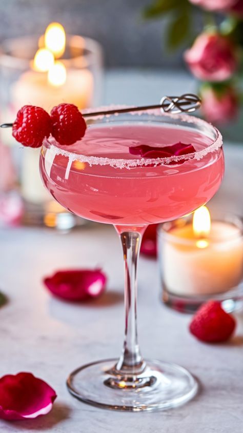 Rose Themed Cocktails, Rose Water Cocktail Recipes, Rose Martini Recipe, Cute Cocktail Recipes, Rose Water Cocktails, Galentines Drink Ideas, Raspberry Drinks, Galentines Drink, Martini Ideas