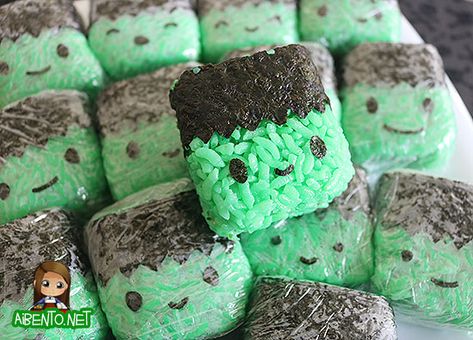 Frankenstein Swiss Rolls, Frankenstein Snacks, Frankenstein Appetizer, Halloween Food Ideas Frankenstein, Halloween Spam Musubi, Halloween Rice Crispy Treats Frankenstein, Vegetarian Halloween, Bento Tutorial, Halloween Lunch Ideas