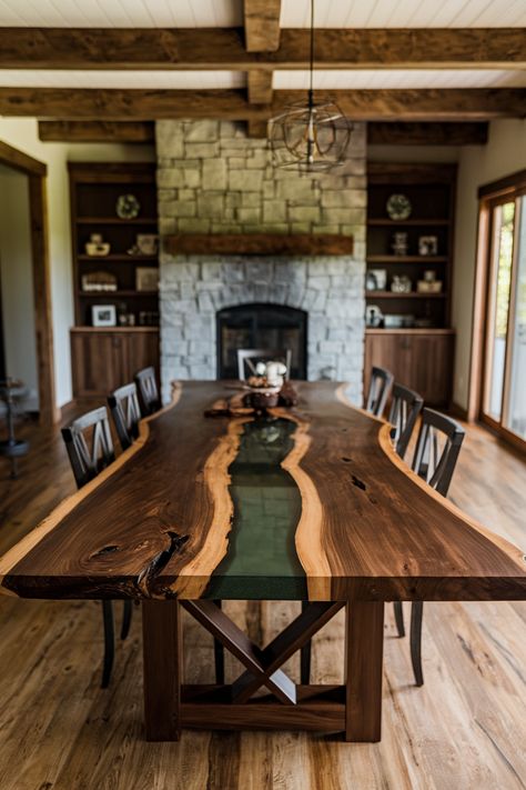 Check out this stunning rustic dining room featuring a live-edge table with a glass river! Perfect blend of nature and elegance. 
What do you think? Comment below!
#woodworking #wood #handmade #woodworker #woodwork #diy #design #interiordesign #woodart #art #homedecor #furniture #wooddesign Live Edge Epoxy Dining Table, Diy Live Edge Table, Live Edge Dining Room Table, Glass And Wood Table, Live Edge Table Dining Rooms, Live Edge Dining Room, Woodwork Diy, Retirement Living, Live Edge Dining Table