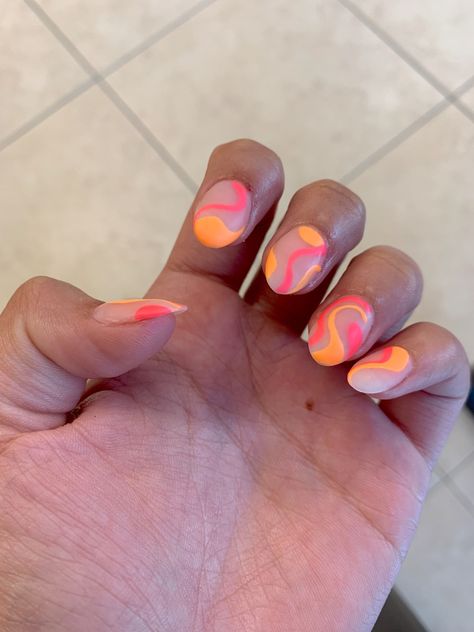 Pink And Orange Swirl Nails, Hot Pink And Orange Nails, Nails Pink And Orange, Orange And Pink Nails, Nail Designs Hot Pink, Preppy Nails, Swirl Nail Art, Florida Nails, 2022 Nails